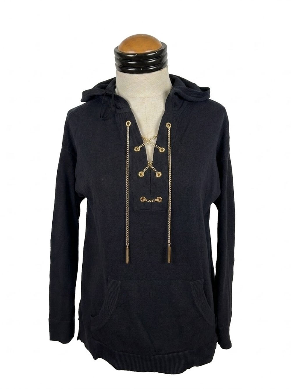 MICHAEL Michael Kors Black Hooded Pullover with Gold Chain Accents